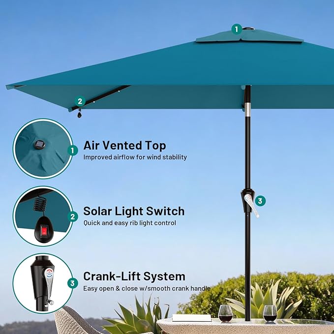 AreShark 6.5' x 10' Rectangular Patio Umbrella with Solar Lights, Solar Powered Lighted Market Umbrella w/Tilt and Crank, Outdoor Table Umbrella for Garden, Deck, Backyard, Pool and Beach, Lake Blue