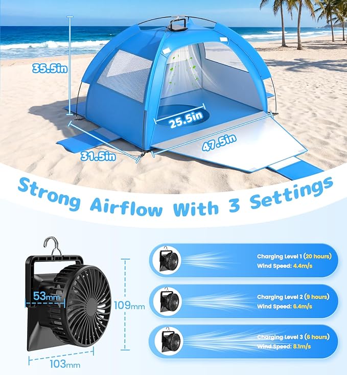 Baby Beach Tent Solar Cooling Fan, Anti-UV Toddler Beach Tent Sun Shelter Portable Travel Fan Beach Shade Tent, Baby Play Tent Built-in Ceiling Fan Sun Shelters Toddler Beach Essentials