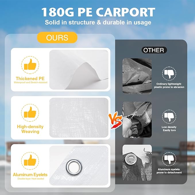 Carport Replacement Canopy Cover Sidewalls for 10x20x9.35FT Frame, Heavy Duty Garage Car Tent Shelter Tarp with Ball Bungees, Waterproof & UV Protected (Frame is not Included) (White)