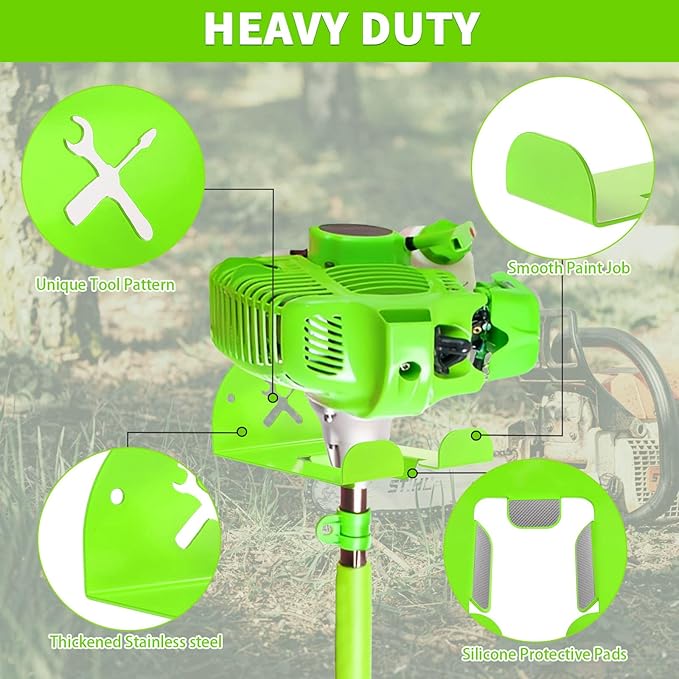 Upgraded Trimmer Rack Wall Mount - 8" Heavy Duty Weed Eater Hanger for Garage Wall, Garden Power Tool Holder Organizer Hooks for Grass Trimmer, Hedge Trimmer, Leaf Blower and Chainsaw, Green, 1 Pack