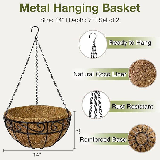 14 Inch Hanging Baskets for Plants Outdoor, 2 Pack Metal Wire Hanging Planters with Coco Coir Liners, Rust-Resistant Flower Basket with Chains & Hooks for Garden Patio Porch Deck Balcony
