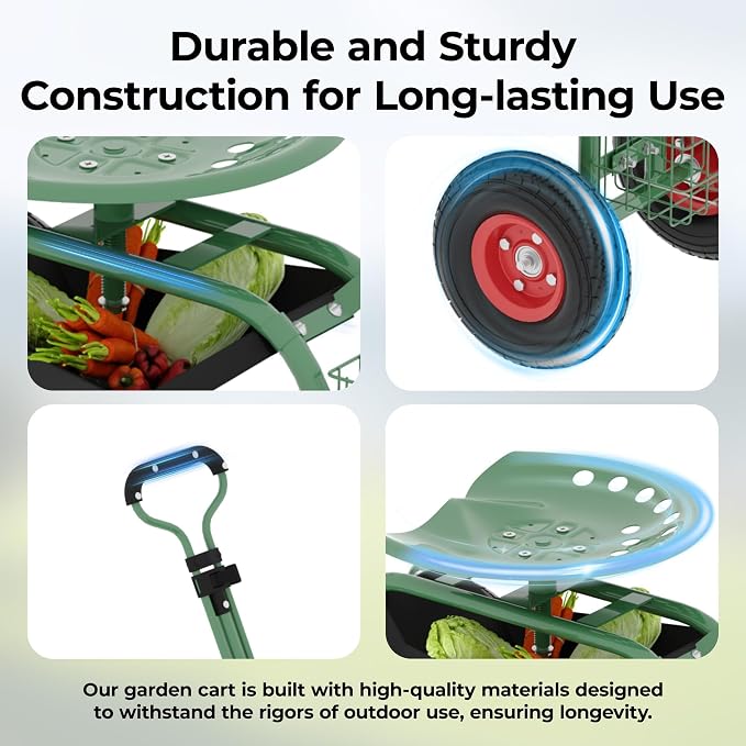 Garden Scooter Rolling Work Seat, 360° Swivel Heavy Duty Garden Cart with 10-Inch All-Terrain Inflatable Tires, Extendable Steering Handle & Metal Tool Tray for Planting, Weeding, Yard Work