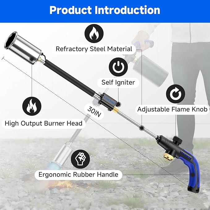 Propane Torch Weed Burner, Ergonomic Handle Weed Torch Flamethrower, 30" Long Arm Heavy Duty Blow Torch For Weeding, Fire Starting, Wood DIY(PROPANE TANK NOT INCLUDED)