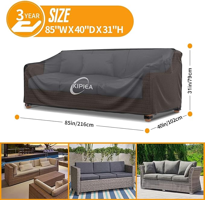 Kipiea Patio Sofa Cover, Heavy Duty Outdoor Couch Covers Waterproof Winter, 3-Seat Patio Furniture Cover Loveseat, Outdoor Sofa Covers with Anti UV and No Tears, No Fading (85"W x 40"D x 31"H)