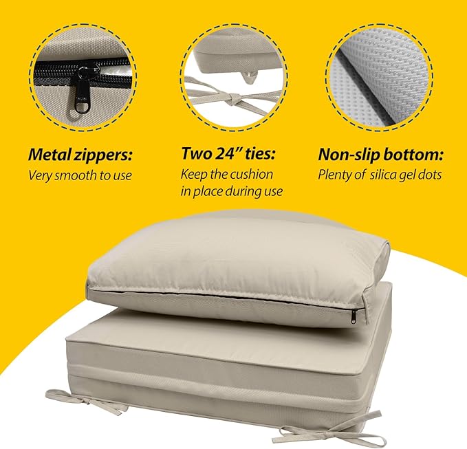 AAAAAcessories Outdoor Seat Cushions for Chairs, Fade-Resistant, Waterproof Patio Furniture Replacement Cushions, 25.5" x 25.5" x 5" + 25.5" x 13.5", Beige