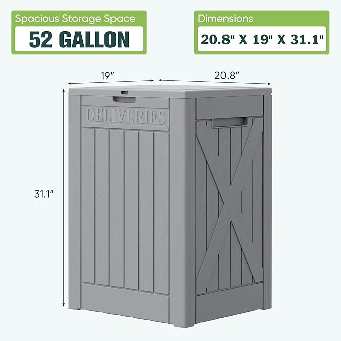 Greesum 52 Gallon Outdoor Resin Package Delivery Box for Porch, Lockable Secure Double-Wall, Waterproof Deck Box for Package Protection, Gray