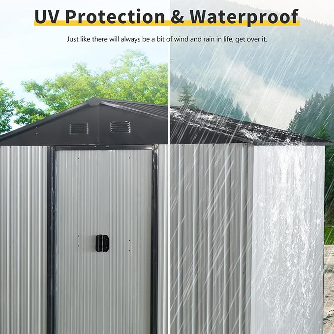 8x4 FT Outdoor Metal Storage Shed, Galvanized Steel Garden Shed with Window, Lockable Sliding Door, Sloped Roof, Ventilated Tool Storage House with Foundation Kit for Backyard Equipment, White+Black
