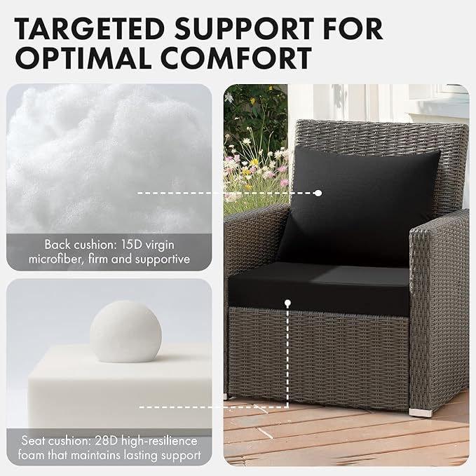 MIULEE Black Outdoor Seat Cushion Set 24x24 Inch Linen Textured Waterproof & 3 Year Color Fastness Seat and Back Cushion with Ties No Slip Design for Patio Furniture Chair Sofa Couch