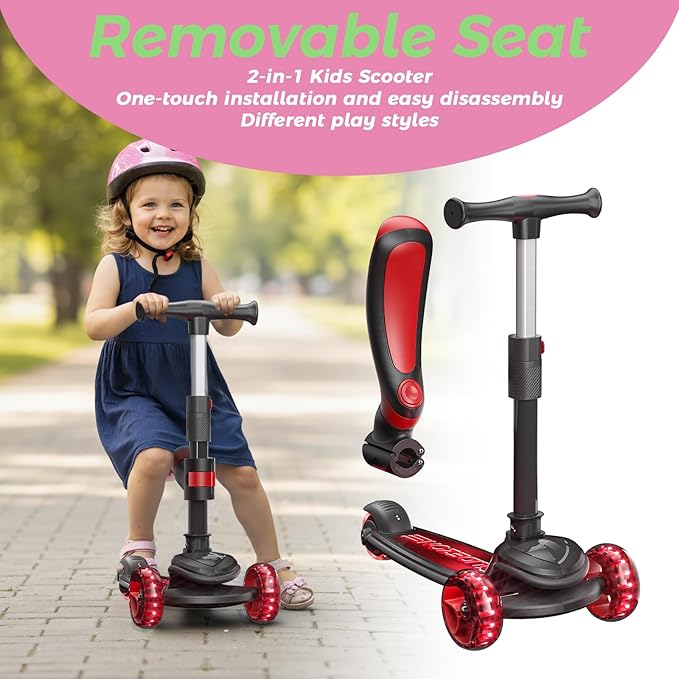 3-in-1 Kids Kick Scooter with Removable Seat for Toddlers Ages 2-6 – Adjustable Aluminum Handlebar with Infinite Lock, 122mm Front & 90mm Rear Wheels, Convertible Push Scooter & Ride-On