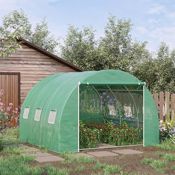 Outsunny 10' x 10' x 6.5' Walk-in Tunnel Hoop Greenhouse, Green House for Outside with PE Cover, Steel Frame, Roll-Up Zipper Door & Windows for Flowers, Vegetables, Tropical Plants, Green