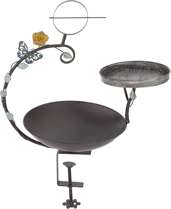 Deck Mounted Bird Bath, 2 in 1 Bird Feeder for Balcony with Fruit Spear, Railing Bird Feeder for Porch Patio Garden