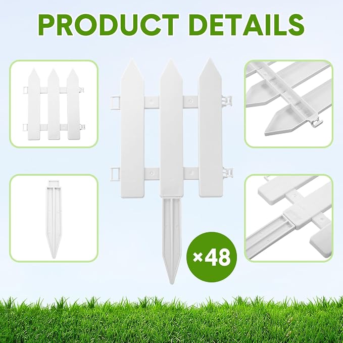 24 Pack White Garden Fence with 24 Insert Lawn Picket Fence Garden Border Decorative Plastic Panels for Landscape Path Flowerbeds Plant Yard, 6.69'' L x 7.87'' H