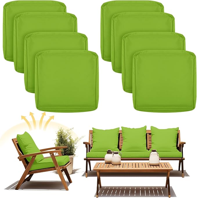 Mindsoft 8 Pcs 24"x24" Patio Cushion Covers Outdoor Cushion Covers Replacement High UV Resistant Anti Slip Waterproof Patio Chair Seat Slipcovers for Outdoor Furniture(Green)