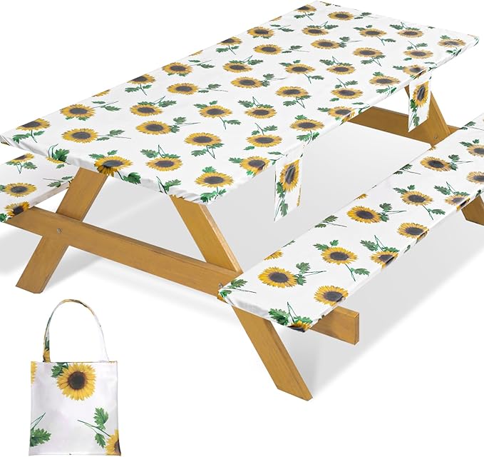 Fitted Waterproof Picnic Table Cover with Bench Covers Heavy Duty Elastic Outdoor Camping Tablecloth for 6 Foot Rectangle Tables Summer Rv Accessories Patio Garden Road Trip Essentials Gifts