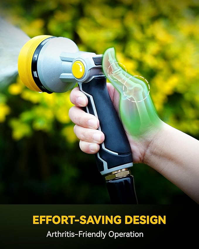 RAINPOINT Full-Metal Garden Hose Nozzle, Heavy Duty Water Hose Nozzle Sprayer With 10 Adjustable Patterns & High Flow,Thumb Control For Flow Adjustment, Ideal For Watering, Washing, Cleaning,Yellow