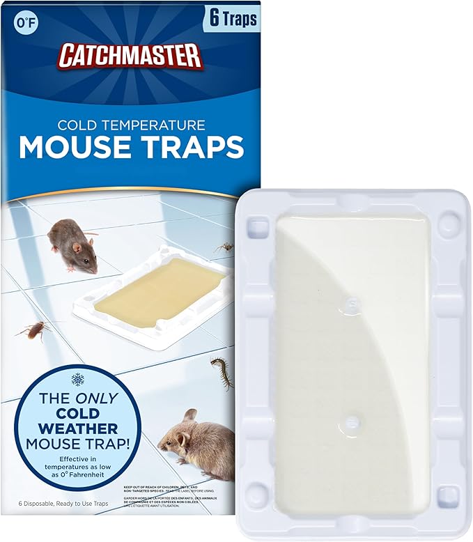 Catchmaster-6 Freeze Resistant Mouse & Insect Glue Traps, Indoor for Home, Pest Control Adhesive Tray, Catch Bugs, Crickets, Spiders, Rats, Pet Safe Glue Boards for Cold Weather, House, Shed & Garage