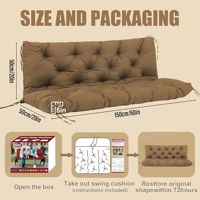 Porch Swing Cushions Outdoor 60 inch Waterproof Extra Thick 5" Outdoor Swing Cushions Replacement with Backrest and Ties for Outdoor Furniture Porch Patio Garden Lawn Backyard (Brown)