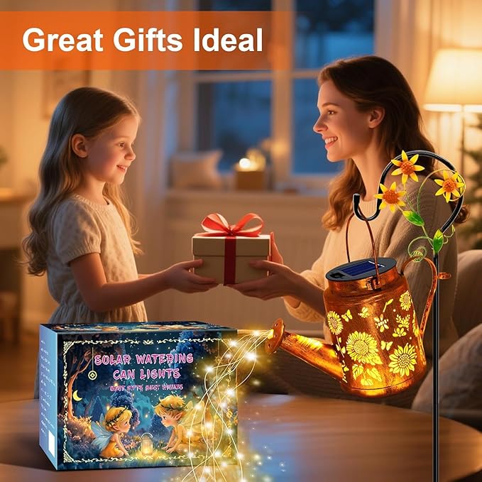 Solar Lanterns Outdoor Waterproof, Gift for Mom Grandma Women Wife Daughter Mother's Day, Sunflower Watering Can Lights with Shepherd Hook, Hanging Lanterns Solar Path Lights, Yard Patio Garden Decor