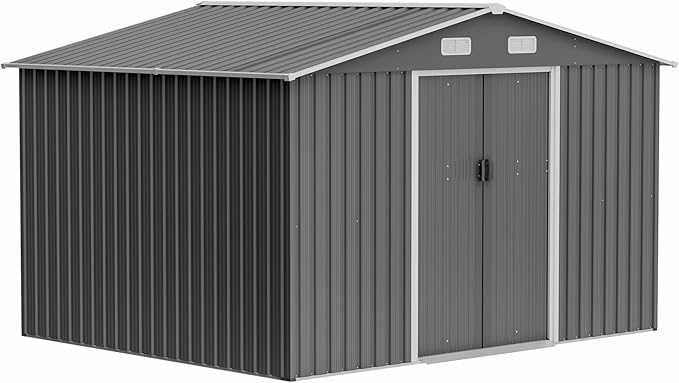 KEIKI Storage Shed 10x8 FT, Large Metal Tool Shed for Outdoor Storage, Galvanized Steel Garden Shed with Lockable Sliding Doors for Patio, Backyard, Lawn, Grey