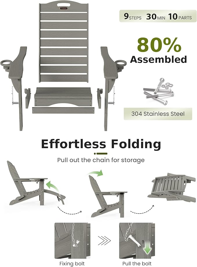 Ciokea Folding Adirondack Chair with Retractable Ottoman Fire Pit Patio Chair with Pull Out Foot Rest Weather Resistant Lawn Outdoor Lounge Chair with 2 Cup Holder (Grey)