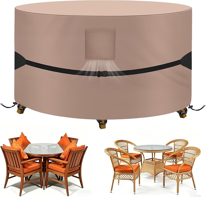 Kovshuiwe Round Patio Table Cover 84" DIAx28 H, 600D Waterproof, Khaki | 600D Tear Resistant for Outdoor Dining Table and Chairs 84 inch