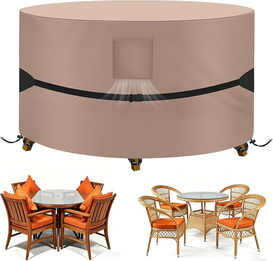 Kovshuiwe Round Patio Table Cover 84" DIAx28 H, 600D Waterproof, Khaki | 600D Tear Resistant for Outdoor Dining Table and Chairs 84 inch