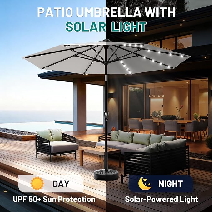 AreShark 9FT Patio Umbrella with Solar Lights, 32 Lighted Pool Umbrella w/Tilt and Crank, Outdoor Market Solar Umbrellas for Garden, Deck, Backyard, Pool and Beach, Light Gray