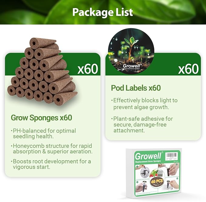 Growell 120Pcs Hydroponic Pods Kit, 60 Grow Sponges with 60 Pod Labels, Hydroponics Supplies, Grower Pods Refill Compatible with AeroGarden & Most Growing System, Seed Starter Pods for Indoor Garden