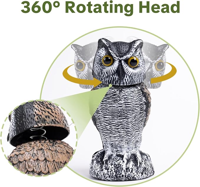 OFFO 3 Pack Fake Owl, Owl Statue for Garden and Yard Decoration, Weatherproof Plastic Rotating Head Outdoor Owl Decor for Porch Pool Patio Yard, 10-Inch Height, Round + Long + Short Ear Owl