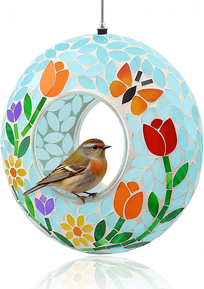 SAVENNA Mosaic Glass Hanging Bird Feeder, 8 Inch Handcrafted Outdoor Feeder with Steel Wire Rope, Decorative Garden & Patio Feeder for Wild Birds, Colorful Floral Mosaic Design