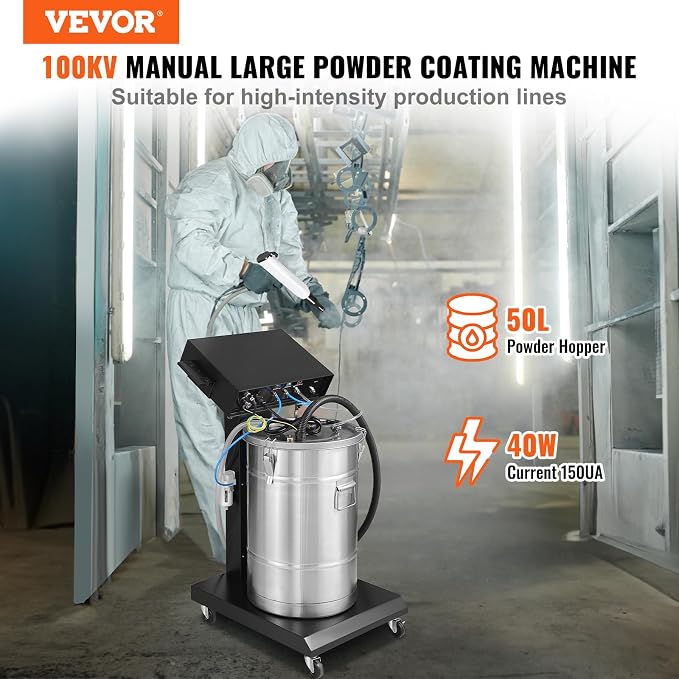 VEVOR Powder Coating System - 40W 100KV Electrostatic Output Kit with 50L Powder Hopper, 450g/Min Spray Gun & Trolley Base, Indoor/Outdoor