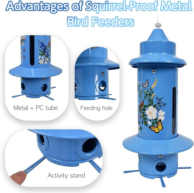 Squirrel Proof Bird Feeders, Long Lasting Bird Feeder for Outdoors, Reliable and Rust Resistant Metal Station for Prevents Squirrels from Stealing Food,5LB Large Capacity (Blue Bird Feeder)