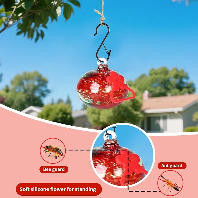 Pozfun Set of 3 Hummingbird Feeders for Outdoors Hanging,Hand-Blown Glass Hummingbird Feeder with Silicone Feeding Perch,Never Leak,Gardening Gifts for Woman Man(Red)