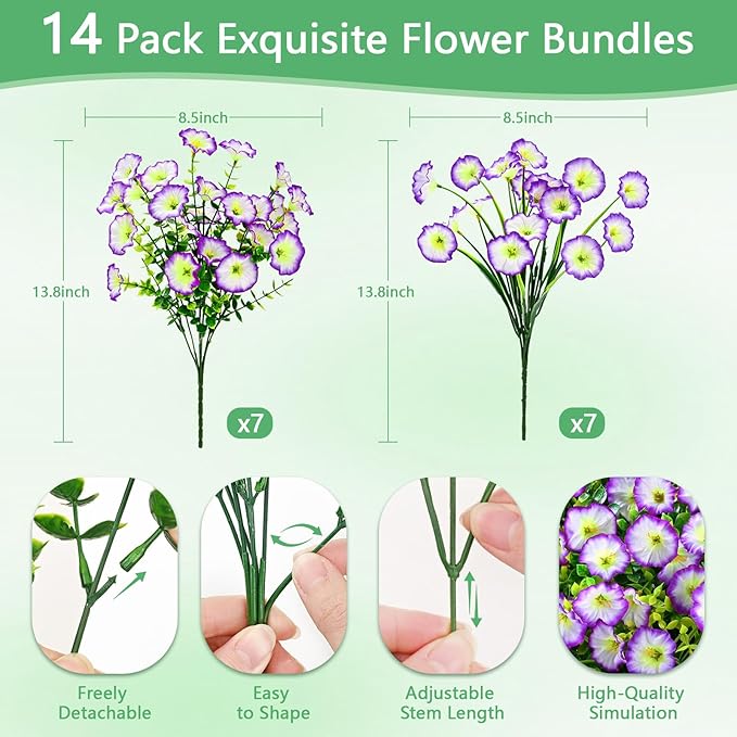 Yastouay Artificial Flowers for Outdoors, 14 Bundles Fake Outdoor Flowers, UV Resistant Artificial Plants & Flowers for Decoration, Purple/White Realistic Morning Glory for Outdoor Porch Garden