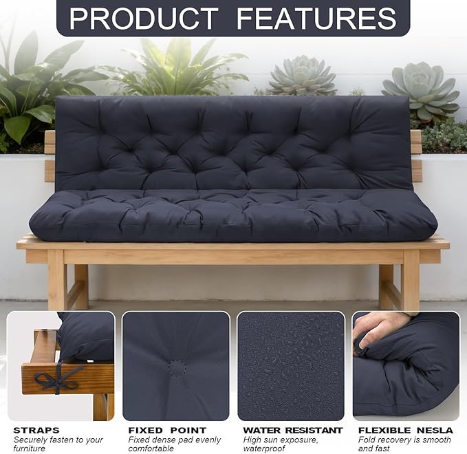 Porch Swing Cushions, Outdoor Swing Replacement Cushions 3 Seater with Backrest, Waterproof Bench Cushion with Ties,for Patio,Porch, Garden,Backyard