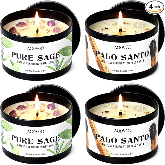 AOOVOO 4 Pack Sage Candles - 2 Sage & 2 Palo Santo Candle Set with Crystals & Decor, 26oz 200 Hours Long Lasting, Non Toxic Candles for Spiritual House Energy Cleansing