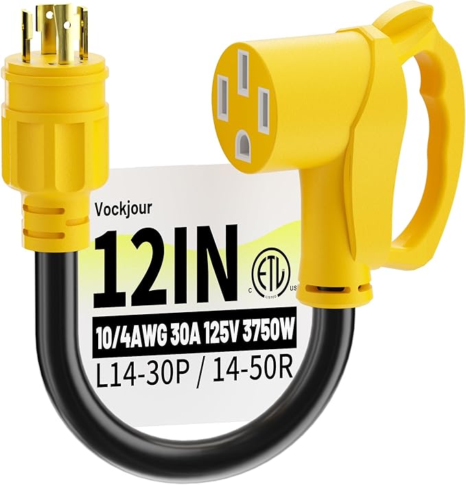 30 Amp to 50 Amp RV Generator Plug Adapter 12 Inch, NEMA L14-30P Male to 14-50R Female, Heavy Duty RV Generator Adapter with Twist Lock Plug, STW 10/4 AWG 30A 125V/250V 3750W, Yellow, ETL Listed
