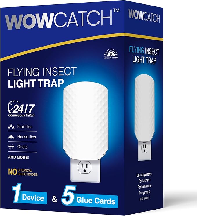 Flying Insect Trap for Indoors, Plug-in Fly Trap Bug Catcher for Gnats, Fruit Flies & House Flies, Upgraded Blue UV Light Trap with Sticky Cards, Silent & Mess-Free, 1 Device + 5 Refill