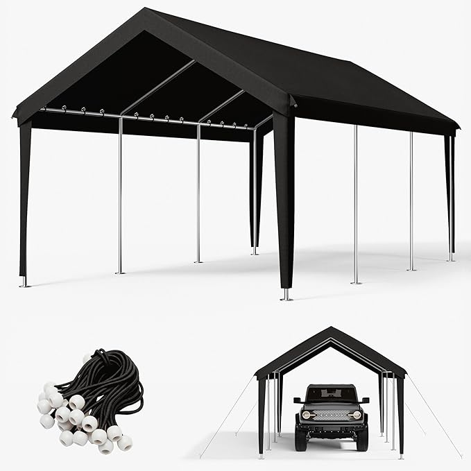 12 x 20 Ft Carport Replacement Cover, Heavy Duty Outdoor Car Tarp Canopy, Waterproof & UV Protected Tear Oxford Tarp with Ball Bungees (Frame is Not Included)