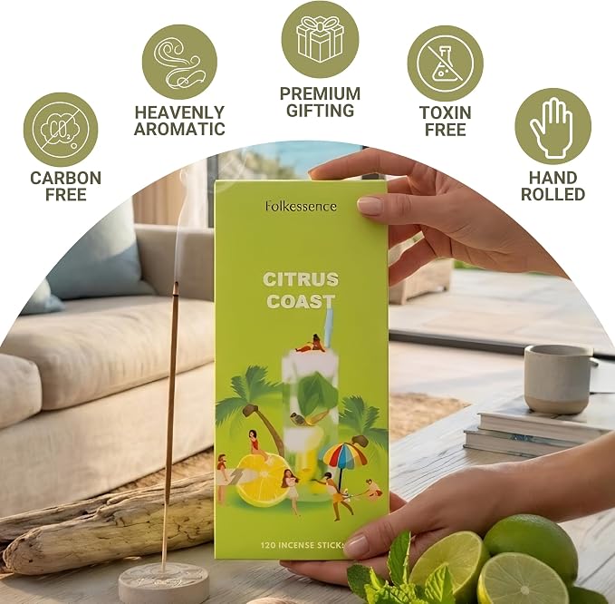 Folkulture Incense Sticks (120 Sticks) | Citrus Incense for Odor Eliminator, Aromatherapy & Summer Vibes | Organic, Long Burning, Charcoal-Free, Non-Toxic Insence-Sticks for Summer Teachers Gifts