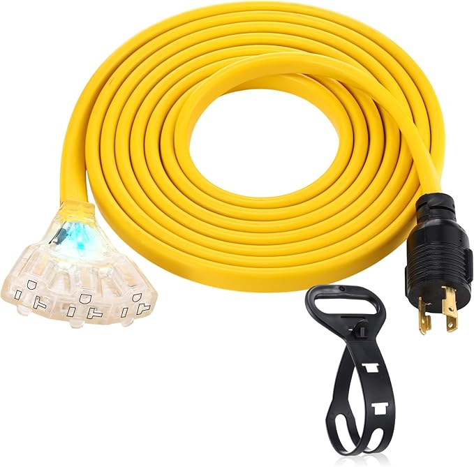 Tellegloww 15 ft NEMA L5-30P to 3X 5-20R/5-15R RV Generator Flat Extension Cord, 30A 3Prong Lock Generator to 110V 15/20A Outlet Distribution Adapter 10 Gauge ETL Listed, Yellow