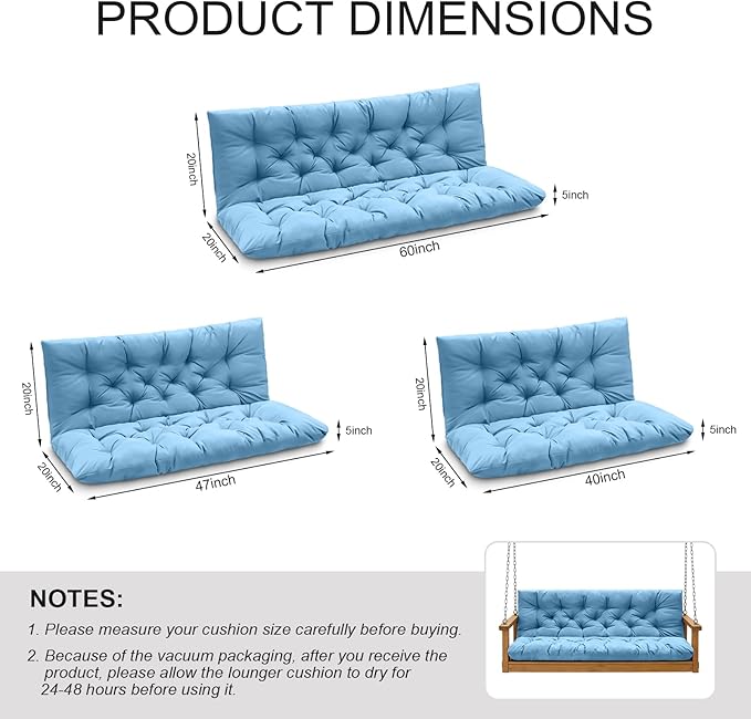 Porch Swing Cushions, Outdoor Swing Replacement Cushions 3 Seater with Backrest, Waterproof Bench Cushion with Ties,for Patio,Porch, Garden,Backyard