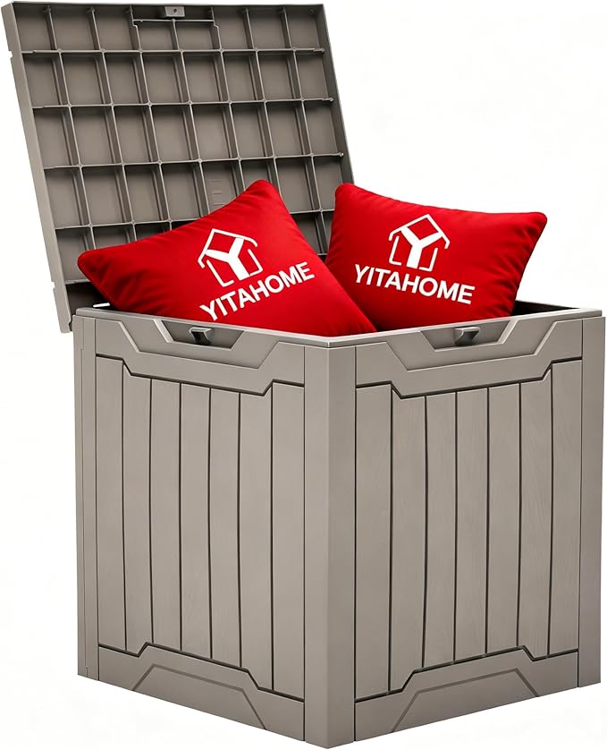 YITAHOME 31 Gallon Resin Deck Box Outdoor Storage Box and Waterproof Package Delivery Box with Lockable Lid forPatio Furniture, Garden Tools, Pool Supplies, Taupe