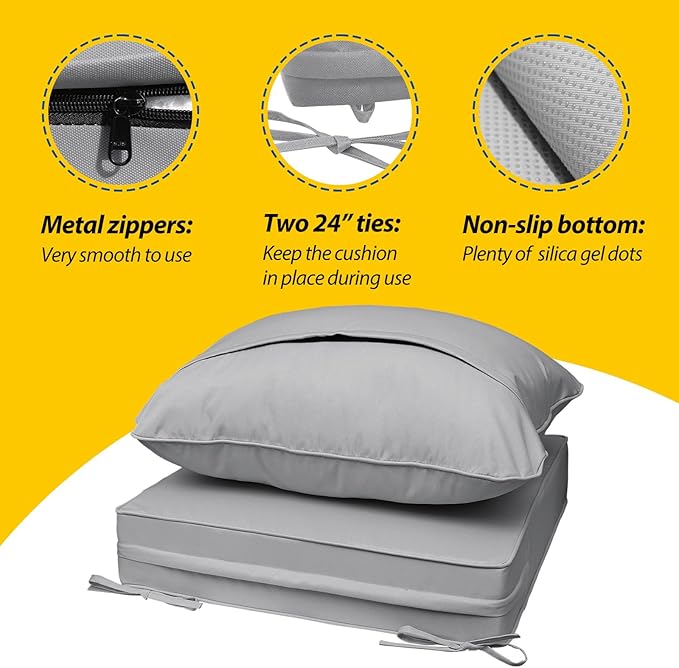 AAAAAcessories Outdoor Seat Cushions for Chairs, Fade-Resistant, Waterproof Patio Furniture Replacement Cushions, 23.5" x 25.5" x 5" + 23.5" x 19", Gray