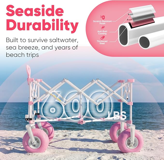 Sekey Heavy Duty Beach Wagon with 9" Big Sand-Proof Wheels – 600lb Capacity, 200L Oversized Foldable Cart | Adjustable Handle & All-Terrain Tires for Sand, Camping, Groceries