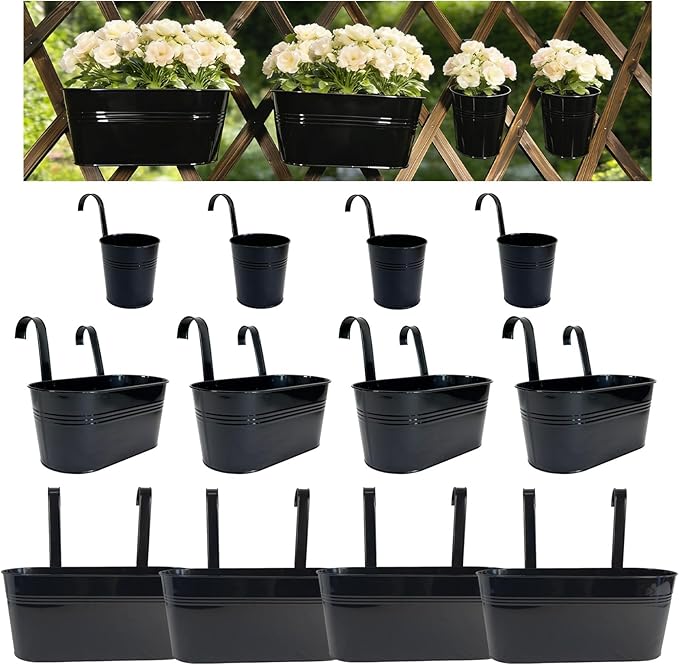 Set of 12 Balcony Hanging Planters, 4 Pcs 17" Metal Railing Flower Pots & 4 Pcs 12" Deck Planter & 4 Pcs 4" Fence Pot for Outdoor Patio Garden Décor, Black