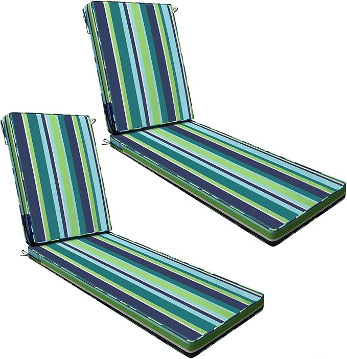 AAAAAcessories Outdoor Chaise Lounge Cushions, Fade-Resistant, Waterproof Patio Furniture Replacement Cushions, 72" x 21" x 3", Set of 2, Stormy Teal Coastal Stripe