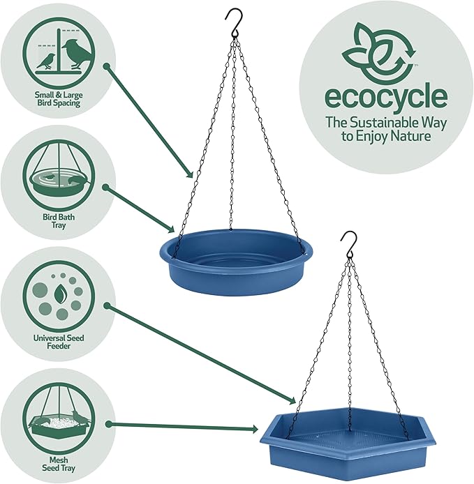 Combo Café 2-in-1 Recycled Plastic Bird Feeder and Bird Bath for Wild Birds and Outdoor Décor, Hanging Bird Bath and Tray Feeder with Chains Included, 1.5 Quart Capacity, Blue