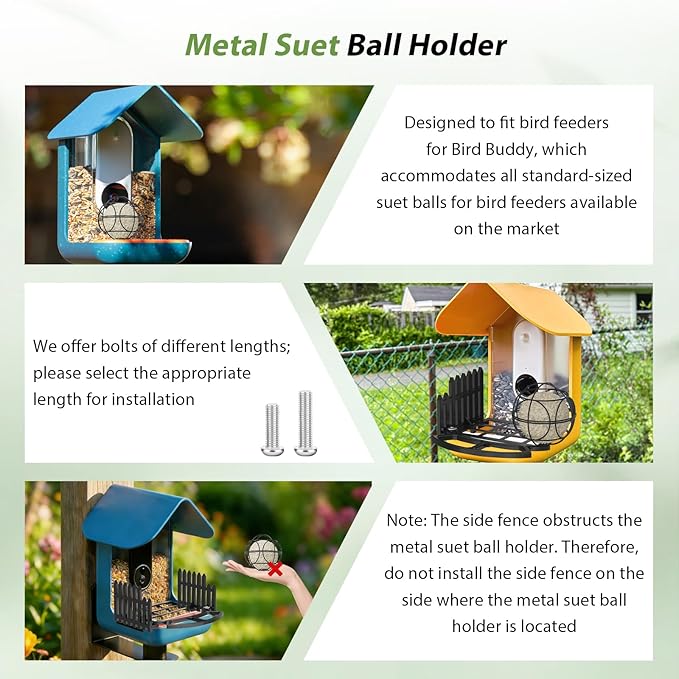 Versatile Bird Feeder Wall Mount for Bird Buddy, with Metal Bird Seed Guard/3 Pcs Perch Extender & Side Fence/Metal Suet Ball Holder, for Outdoor Durable, Weather-Proof