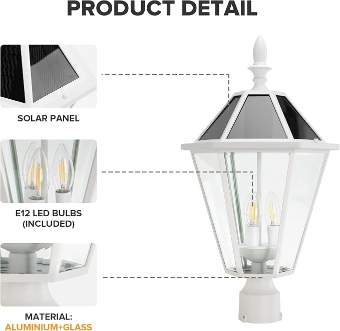LUTEC LED Post Solar Light Outdoor,Dusk to Dawn Vintage Street Lights, 300LM, 2700K,Cast Aluminum Solar Pole Lights for Garden Pathway Yard Exterior - White (Base Not Included)